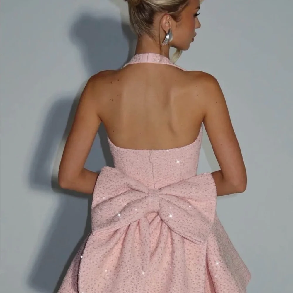 Sparkling Pink Halter Mini Party Dress with Back Bow - Picture 2 of 2